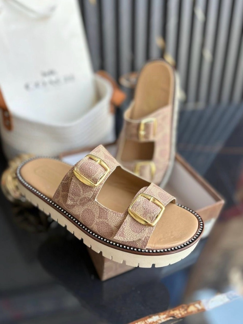 Beige/Tan Signature Double-Buckle Slide Sandal